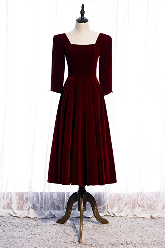 Burgundy Square Neck Long Sleeves Velvet Midi Formal Dress