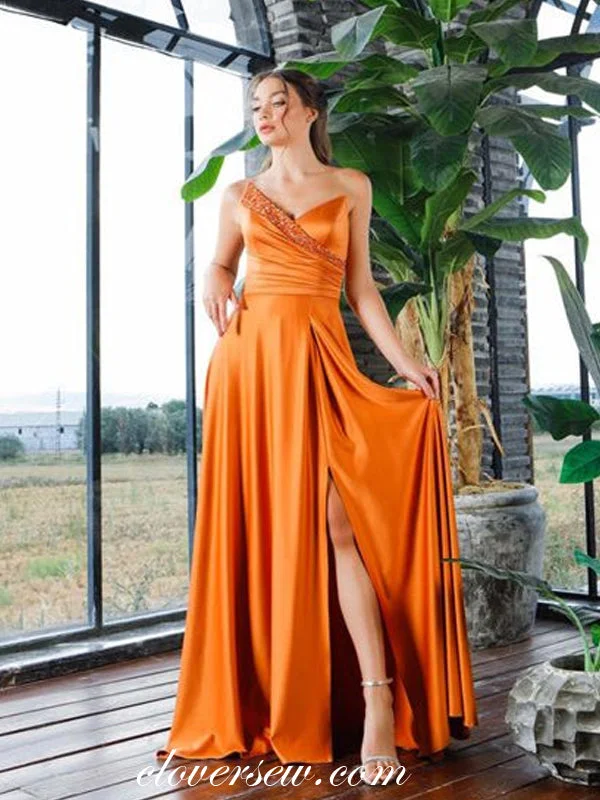 Orange Satin One Shoulder V-neck A-line With Slit Prom Dresses, CP0991