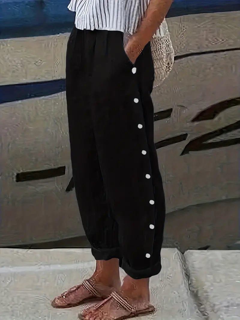 Casual Wide Leg Trousers with Side Buttons Trousers Elastic Waist Soft