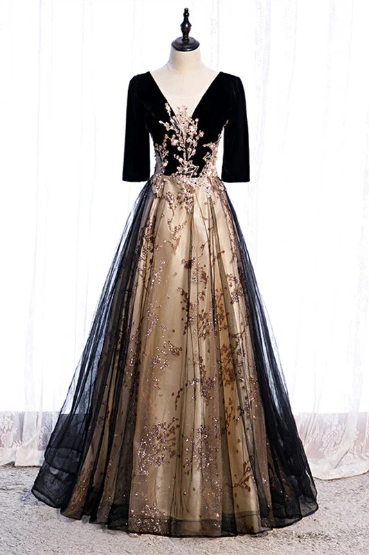V Neck Long Sleeves Beaded Appliques Long Formal Dress