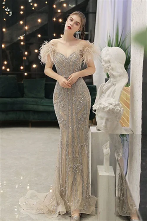 Beaded Champagne Off the Shoulder Long Evening Dress