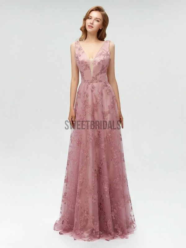 Pretty Deep V Neck Backless A-line Lace Long Prom Dresses, MD604