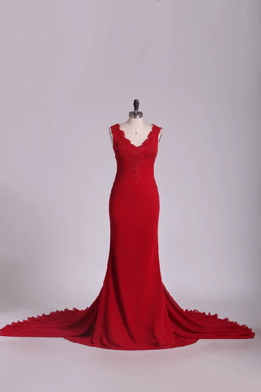 2024 Spandex V Neck Sheath Evening Dresses With Applique And Bow Knot PSSC32LY