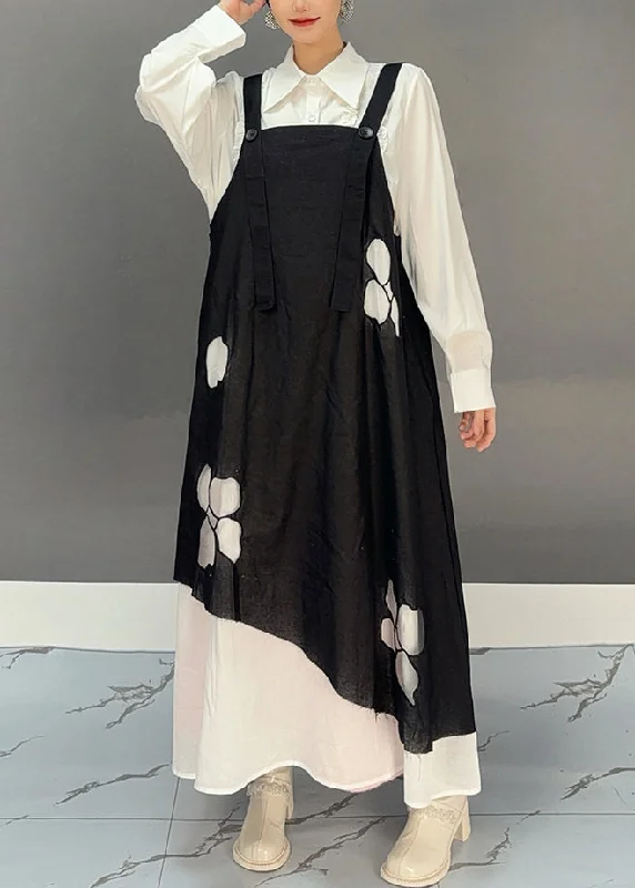 Loose Black Slash Neck Print Spaghetti Strap Long Dress Spring