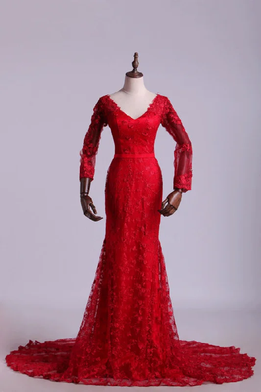 2024 V-Neck Evening Dresses Mermaid With Applique Lace And Tulle PSBPLZZ8