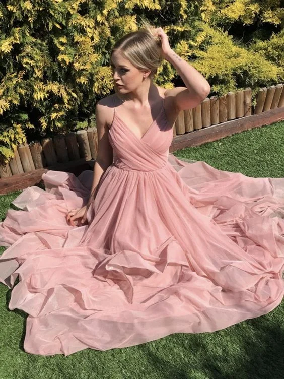 V Neck Pink Long Prom Dresses, Pink Long Formal Evening Dresses     cg22045