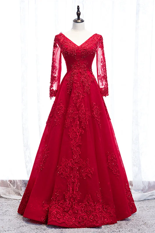 Red V Neck Long Sleeves Beaded Appliques Long Formal Dress