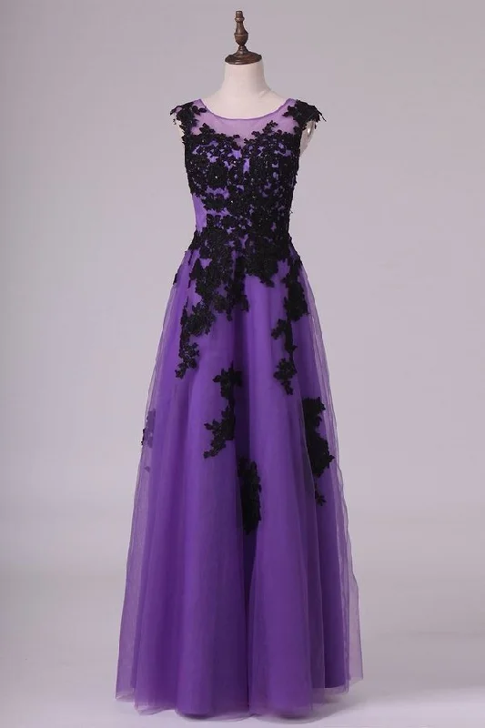 2024 Tulle Evening Dresses Bateau Cap Sleeves A Line With Applique P88ZETZ4