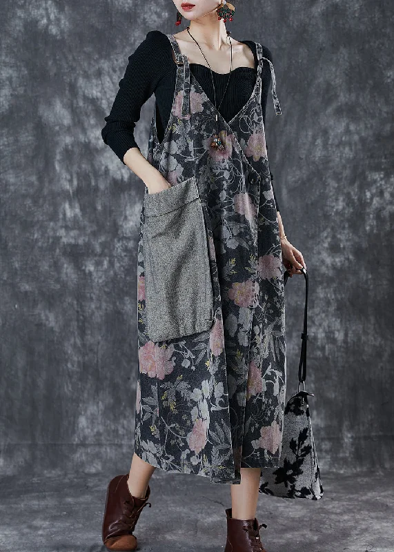 Vintage Black Print Patchwork Pocket Denim Cami Dress Spring