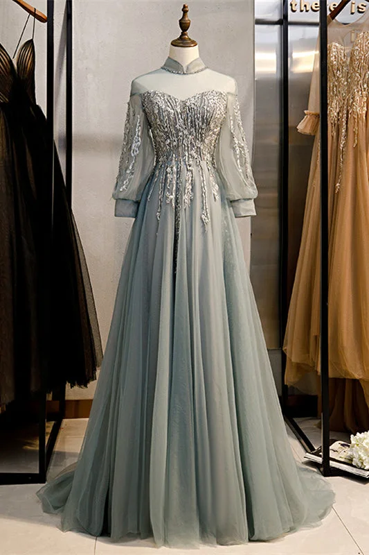 Grey A-line Illusion High Neck Long Sleeves Beaded Maxi Formal Dress