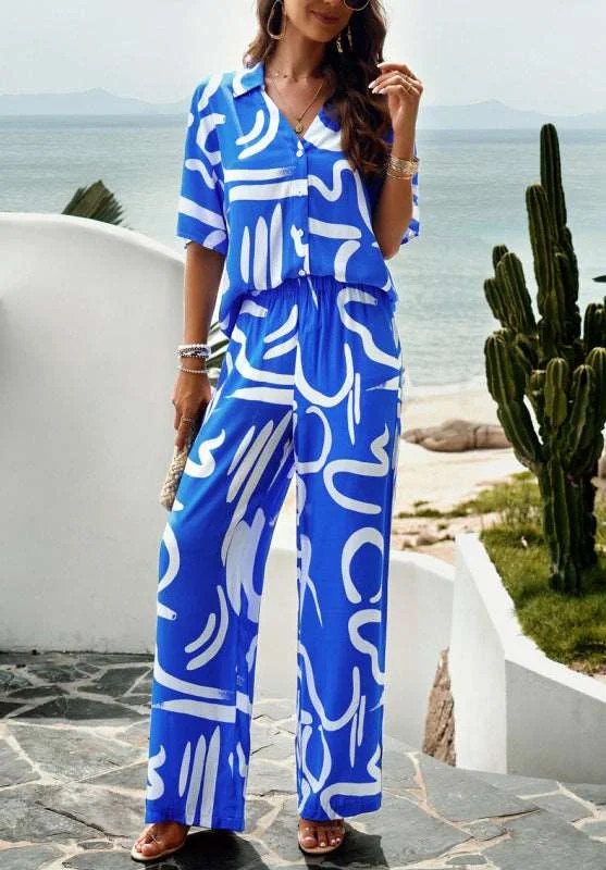 Women Elegant printed short-sleeved trousers two-piece suit Trousers Corduroy Warm