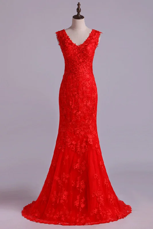 2024 V-Neck Tulle Evening Dresses Mermaid PR83YGN9