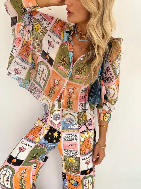 Women's bat sleeve printed loose suit casual home trousers two-piece set Trousers Solid Black