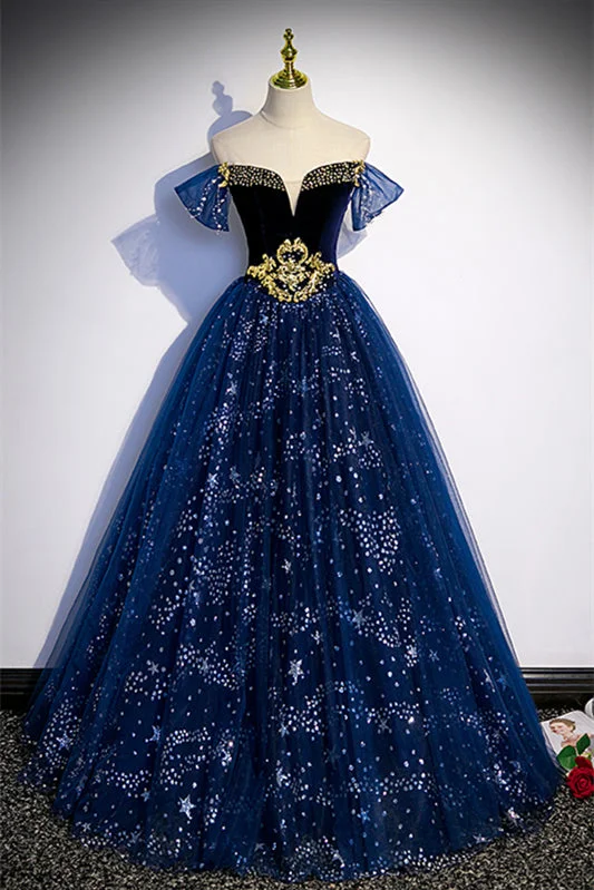 Dark Blue Strapless Beaded Long Formal Dress with Detachable Off-the-Shoulder