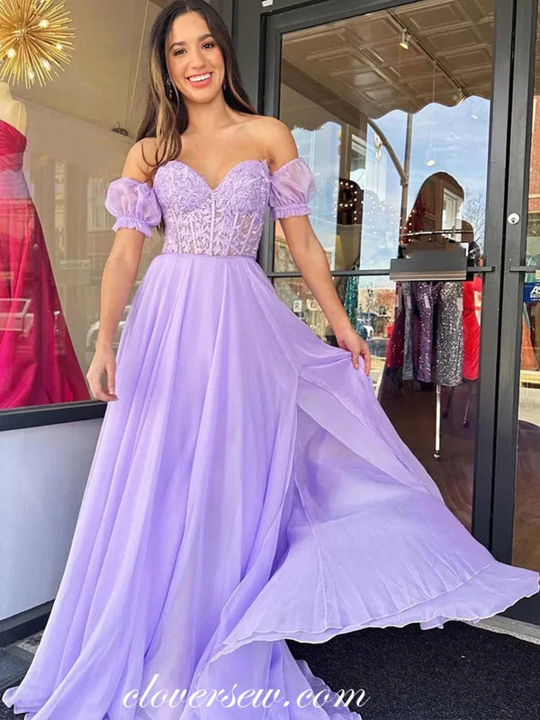 Lilac Lace Chiffon Sweetheart Strapless With Detachable Sleeves A-line Prom Dresses, CP1091