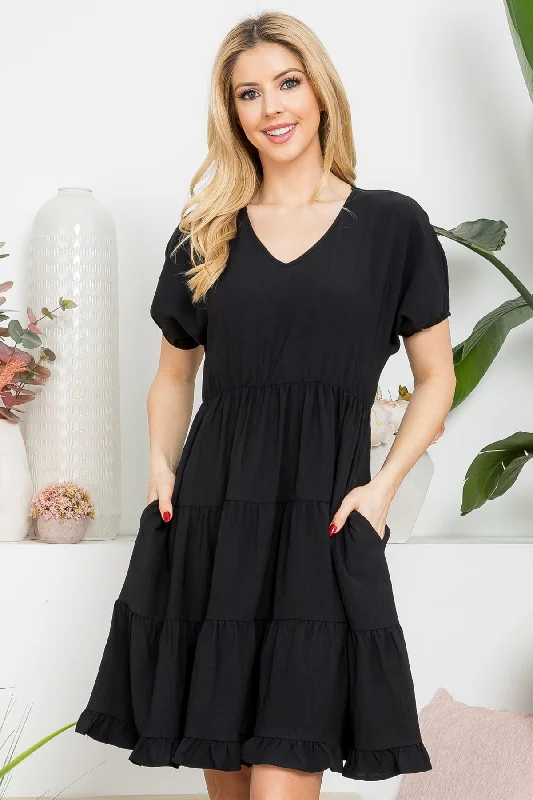 Black V Neck Tiered Dress