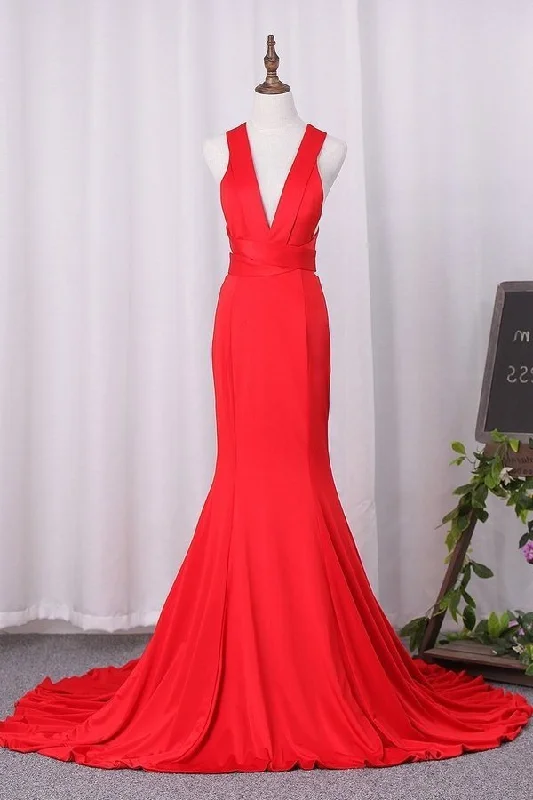 2024 V Neck Satin Evening Dresses Mermaid Open Back PG6XBSGD