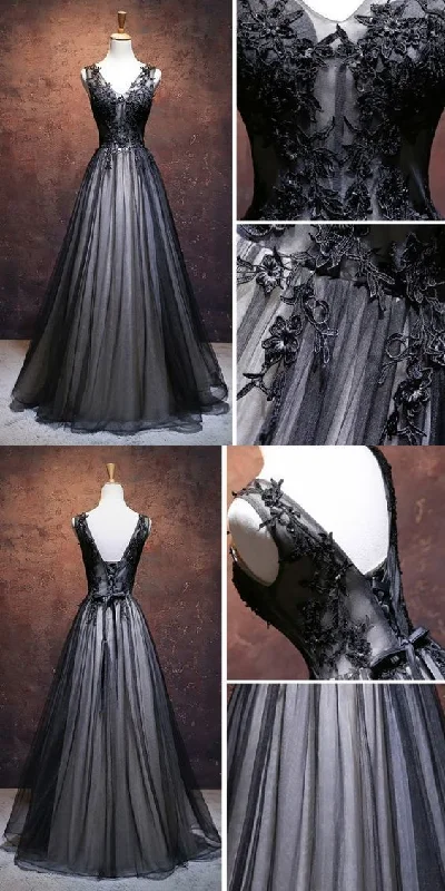 CHIC A-LINE V-NECK FLOOR LENGTH TULLE BLACK APPLIQUE LONG PROM DRESS EVENING DRESS   cg16542