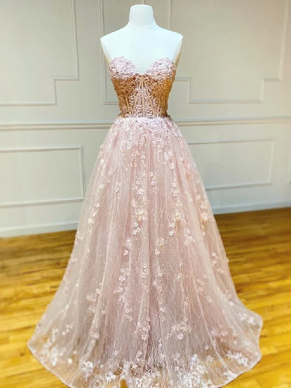 Sweetheart Neck Strapless Pink Floral Long Prom Dresses, Long Pink Floral Formal Evening Dresses    cg19996