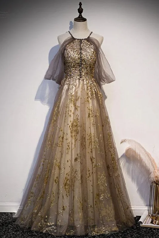 Unique Gold Flower Lace Long Tulle Prom Dress Gray Tulle Formal Dress    cg20115
