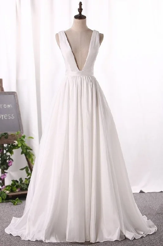 2024 V Neck A Line Taffeta Evening Dresses Sweep Train PLG113Q3