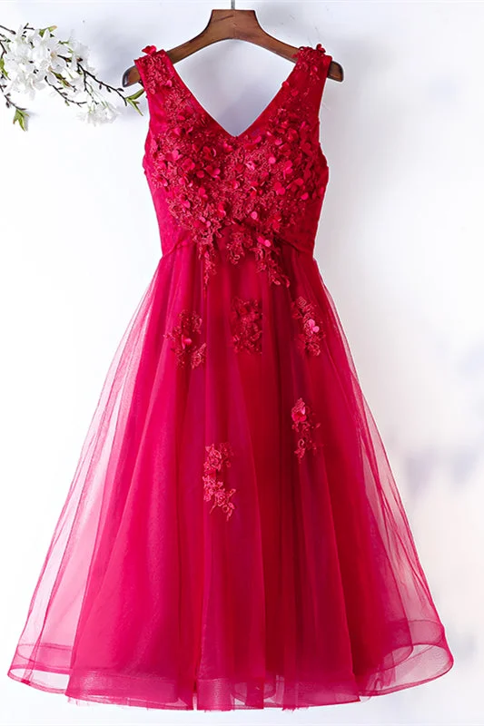Red A-line Plunging V Neck Beaded 3D Appliques Knee Length Formal Dress