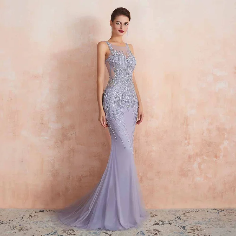 Elegant Purple Silver Fitted Maxi Black Tie Formal Evening Dress EN3405