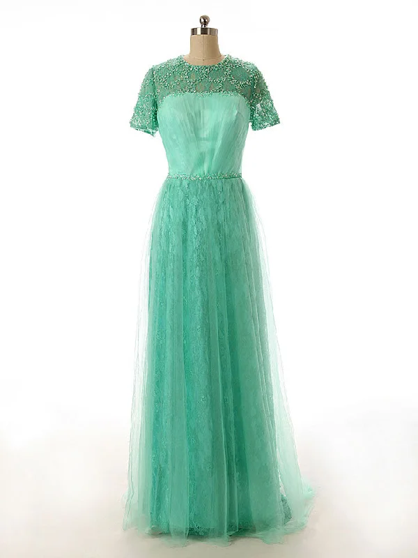 Green Modest Lace Formal Dress with Short Sleeves EN129