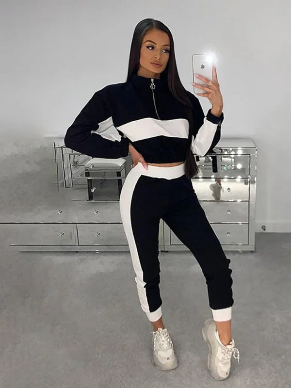 Women's casual color matching short top + trousers suit Trousers Leather Faux