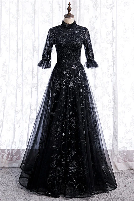 High Neck Long Sleeves Beading-Embroidered Long Formal Dress