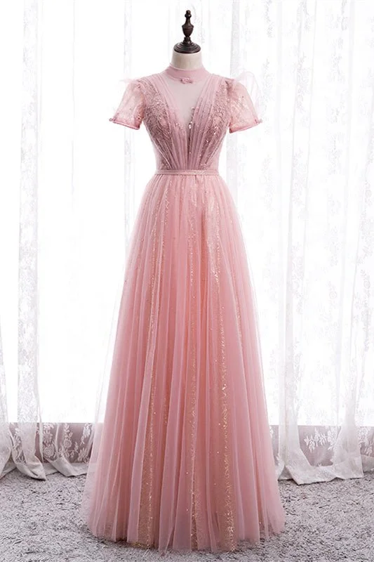 A-line Illusion High Neck Beaded-Embroidery Maxi Formal Dress with Bow