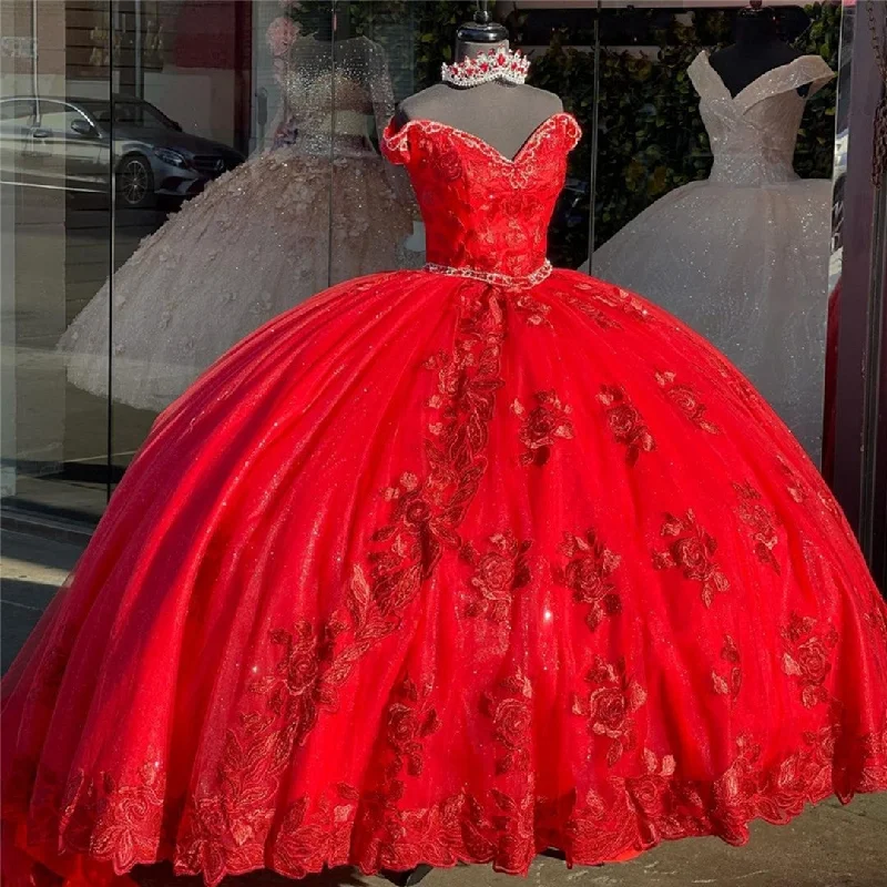 Vintage Red Ball Gown Off the shoulder Prom Dresses with Cap Short Sleeves Lace Applique Prom Dresses cg23770 Vintage Red Ball Gown Off the shoulder Prom Dresses with Cap Short Sleeves Lace Applique Prom Dresses cg23770