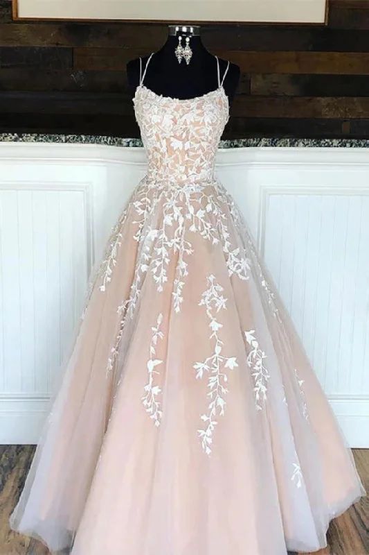 Spaghetti Straps Floor Length Prom Dress With Appliques Long Evening Dress Lace PLN2ZEMM