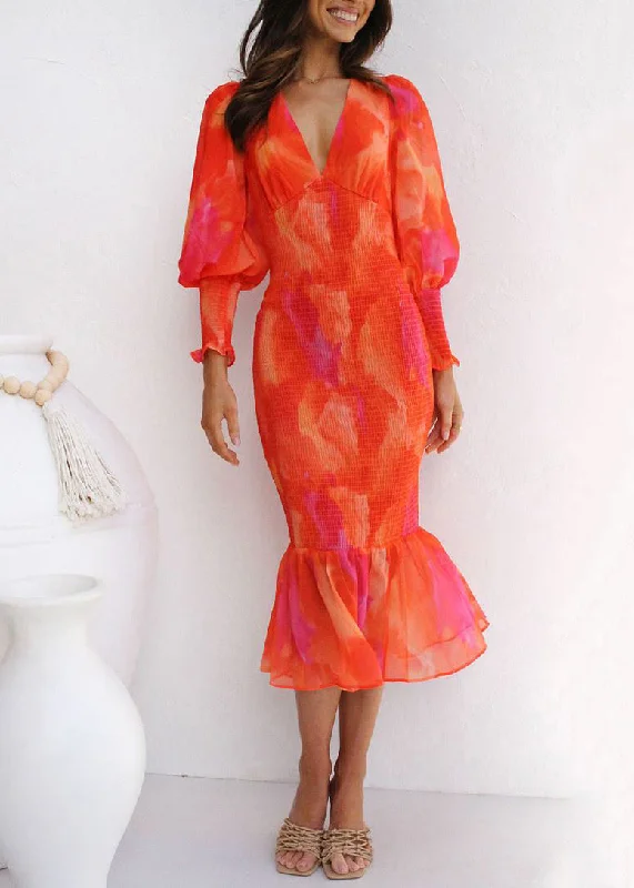 Chic Red V Neck Lace Up Cotton Fishtail Dress Puff Sleeve