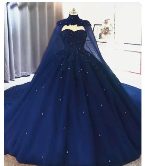 Elegant Lace embroidery tulle beaded quinceanera prom dresses navy blue ball gown with cape cg24807 Elegant Lace embroidery tulle beaded quinceanera prom dresses navy blue ball gown with cape cg24807