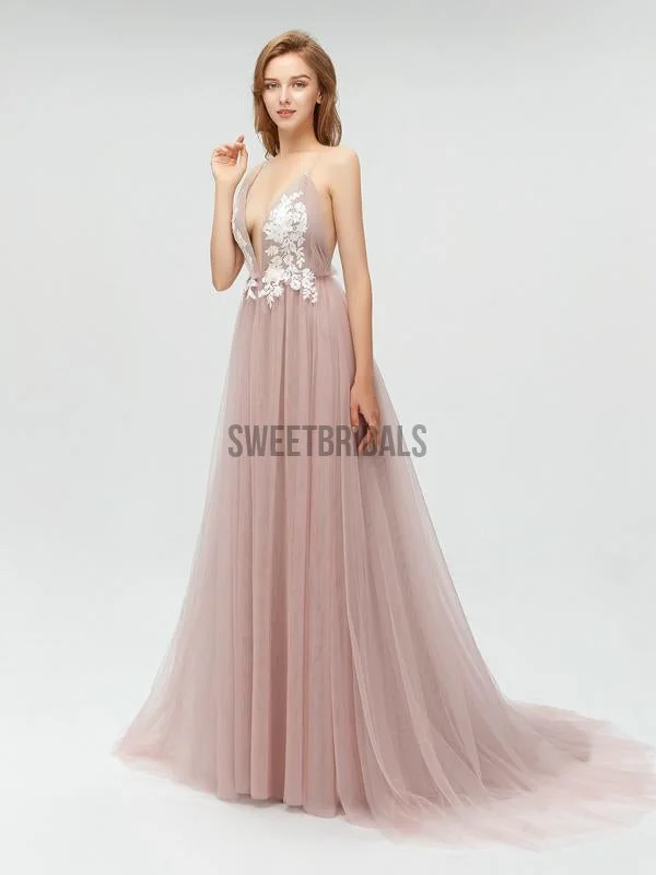 Sexy Deep V Neck Lace Applique Tulle A Line Long Prom Dresses, MD611