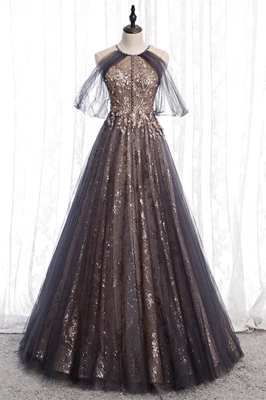Dusty Brown Bow Tie Beaded Appliques Off-the-Shoulder Maxi Formal Dress