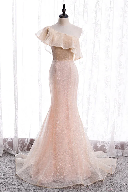 One Shoulder Mermaid Ruffle Lace-Up Maxi Formal Dress