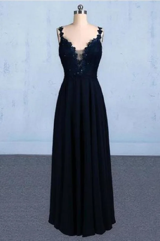 Dark Navy Blue Straps Floor Length Evening Dresses Long Chiffon Prom Dress PQPAS6HS