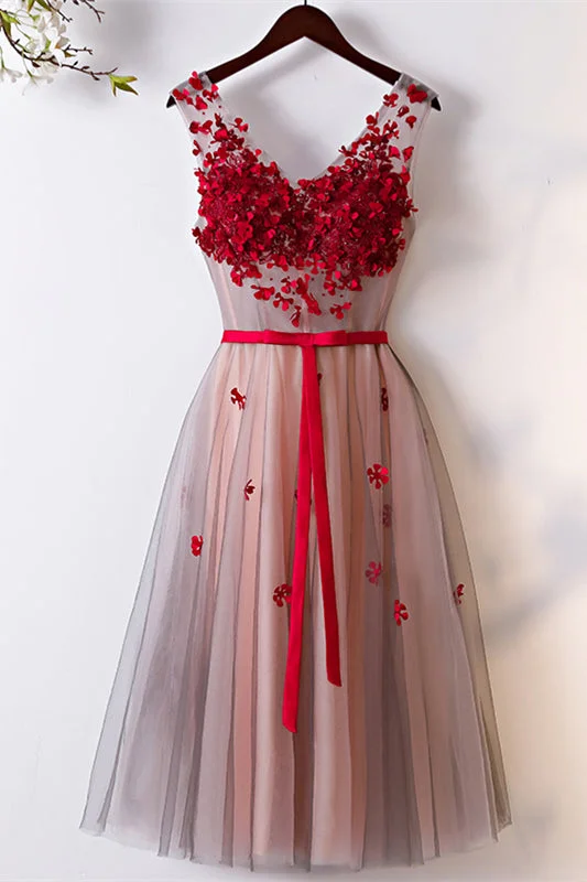 Grey V Neck 3D Red Appliques Sleeves Knee Length Formal Dress with Sash