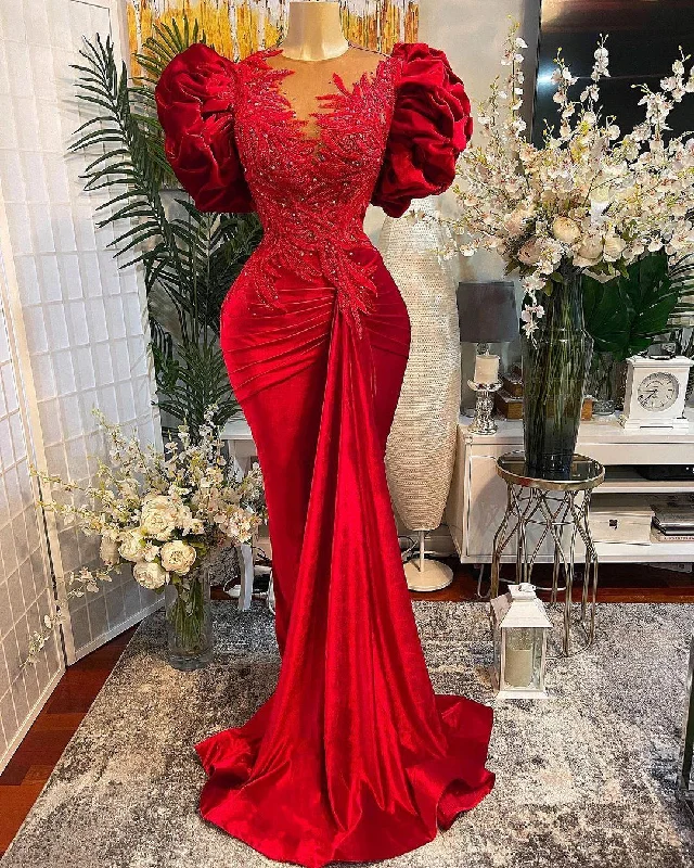 red prom dresses, lace prom dresses, mermaid prom dresses, beaded prom dresses, arabic prom dresses Y394