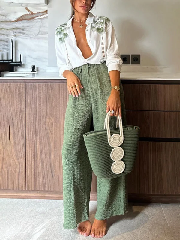Women's long-sleeved single-breasted trousers suit casual loose two-piece suit Trousers Print Floral