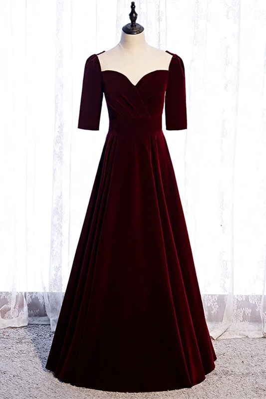 Burgundy Sweetheart Sleeves Pleated Velvet Lace-Up Maxi Formal Dress
