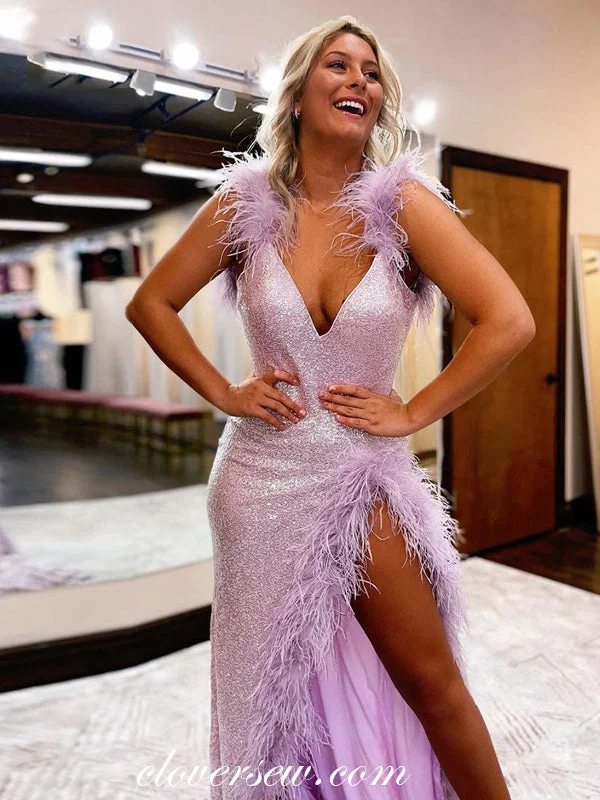 Purple Sequin With Feather V-neck Open Back High Slit Prom Dresses, CP0940