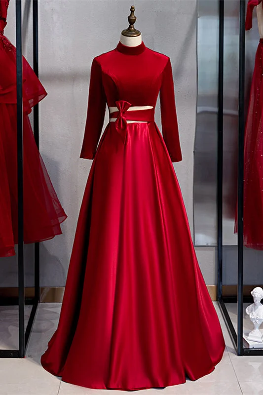 Red A-line High Neck Long Sleeves Cut-Out Keyhole Maxi Formal Dress with Bow