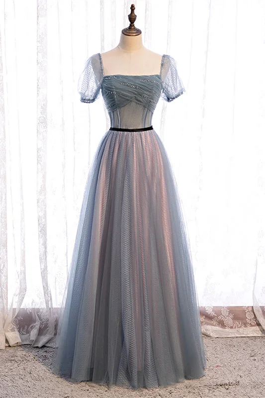 Grey A-line Pleated Beaded Illusion Sleeves Textured Tulle Maxi Formal Dress