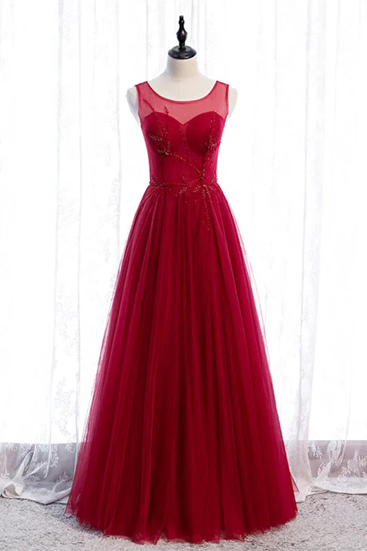Red A-line Illusion Neck Sweetheart Beaded Appliques Maxi Formal Dress