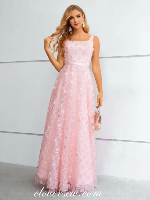Pink 3D Floral Lace Square Neck Sleeveless A-line Prom Dresses, CP0914