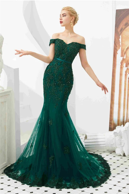 Dark Green Off the Shoulder Evening Dress
