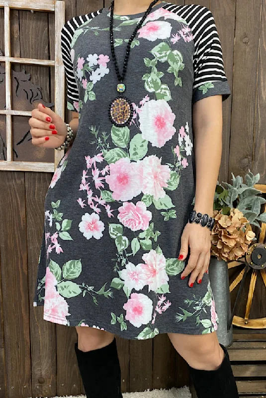 Floral Dress with Striped Sleeves (Small & Large)
